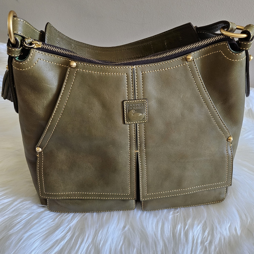 Dooney & Bourke Olive Green Leather Hobo with Tassel Detail - Picture 3 of 17